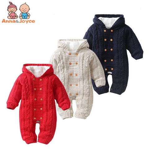 Thick Warm Infant Newborn Baby Boy Girl Knitted Sweater Jumpsuit Hooded Kid Toddler Outerwear Baby Rompers Winter Clothes