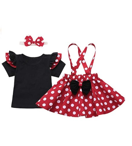 Baby girl black romper, polka dot suspender tutu skirt, and a bowknot headband, 3pcs