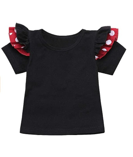 Baby girl black romper, polka dot suspender tutu skirt, and a bowknot headband, 3pcs