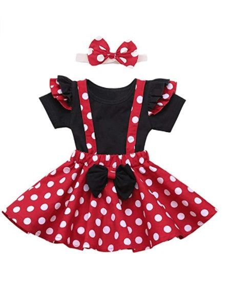 Baby girl black romper, polka dot suspender tutu skirt, and a bowknot headband, 3pcs