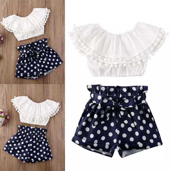 Baby comfy flounced collar top and dots print shorts