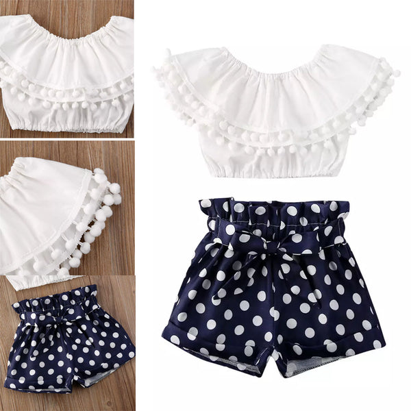 Baby comfy flounced collar top and dots print shorts