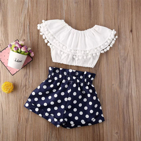 Baby comfy flounced collar top and dots print shorts